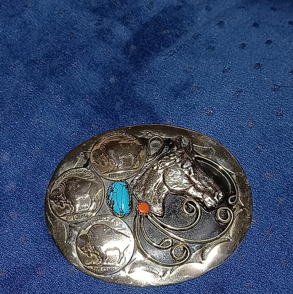 Vintage Buffalo head nickel belt bucket with turqoise and corral - Picture 2 of 4